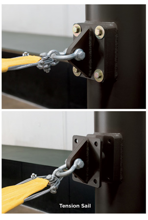 Two images showing the connection point between the shade fabric and the post. the word "tension sail" appears below the second image. 
