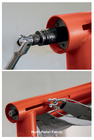Two images showing SkyWays rapid release technology. The image on the bottom has the subtitle "Multi-panel fabric" 