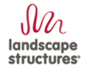 Landscape Structures logo is made of a red ribbon undulating above the text Landscape Structures.