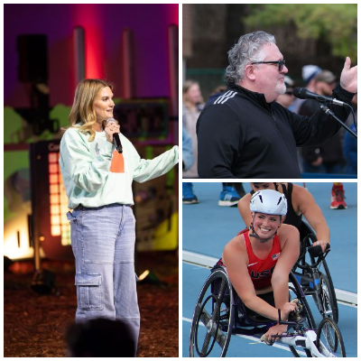 collage of three playground experts - one speaking on a stage, another speaking outside and another in a wheelchair after a race