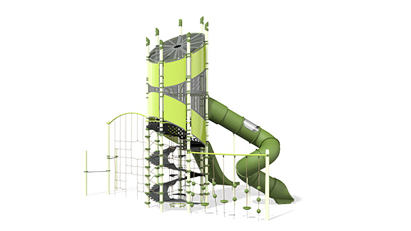 3D rendering of green-colored playground tower with net climbing in the center