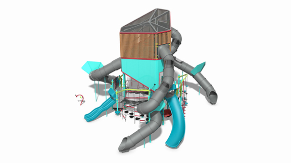 3D rendering of the Volo Aire with 3 Tunnel Slides playground tower