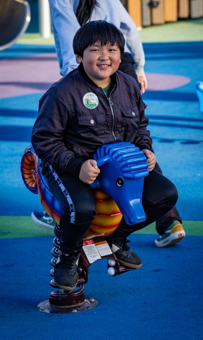 A boy sits on a seahorse themed spring-rider on a playground